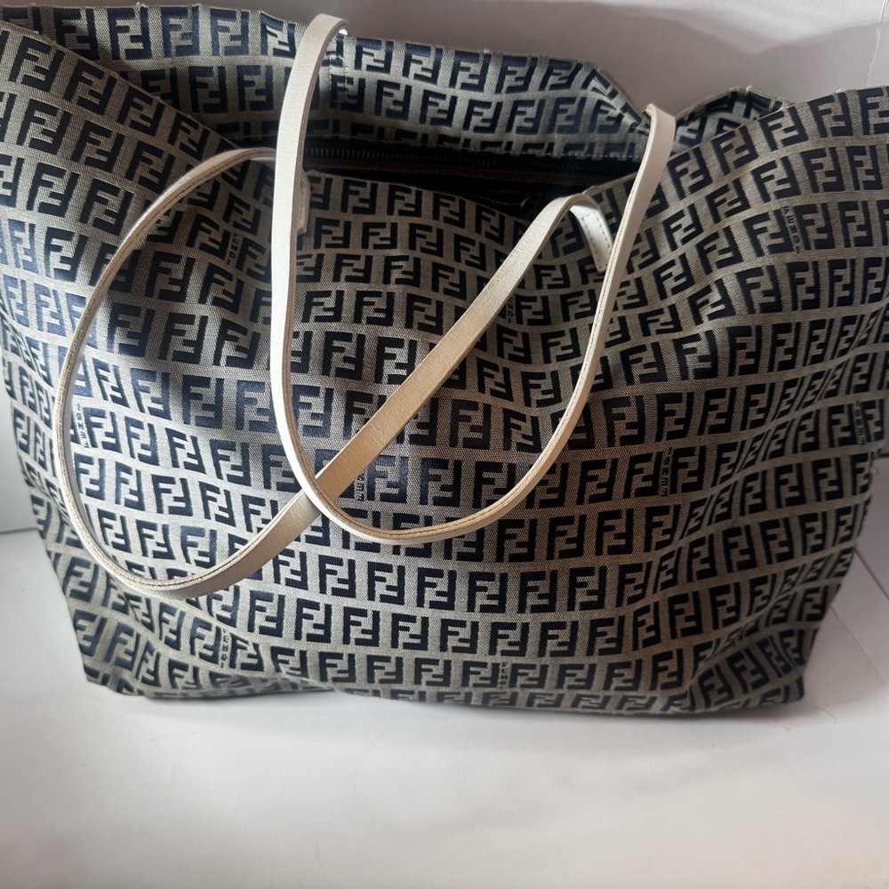 Fendi FF Logo Tote in navy and Cream Straps